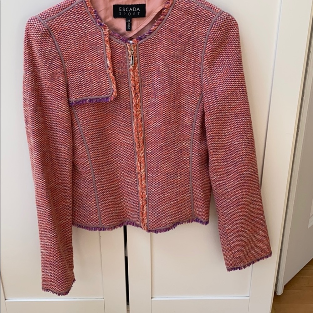 Escada Sport cotton fringe & leather trim jacket.